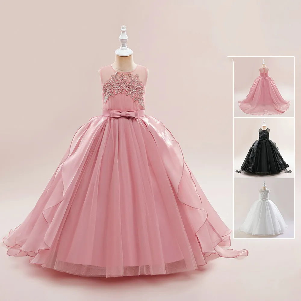 Bellezza Bianco Nero Rosa Gioiello Applique Abiti da ragazza di fiore Abiti da compleanno per ragazza Gonna da festa per ragazza Ragazza Abito da tutti i giorni Abbigliamento da festa per bambini SZ 2-4 D323150