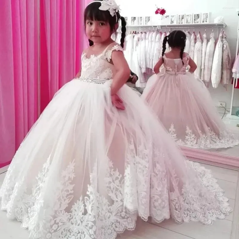 Robes de fille fleur pour robe de bal de mariage épaule dénudée cristal perlé Satin filles Pageant robe de soirée