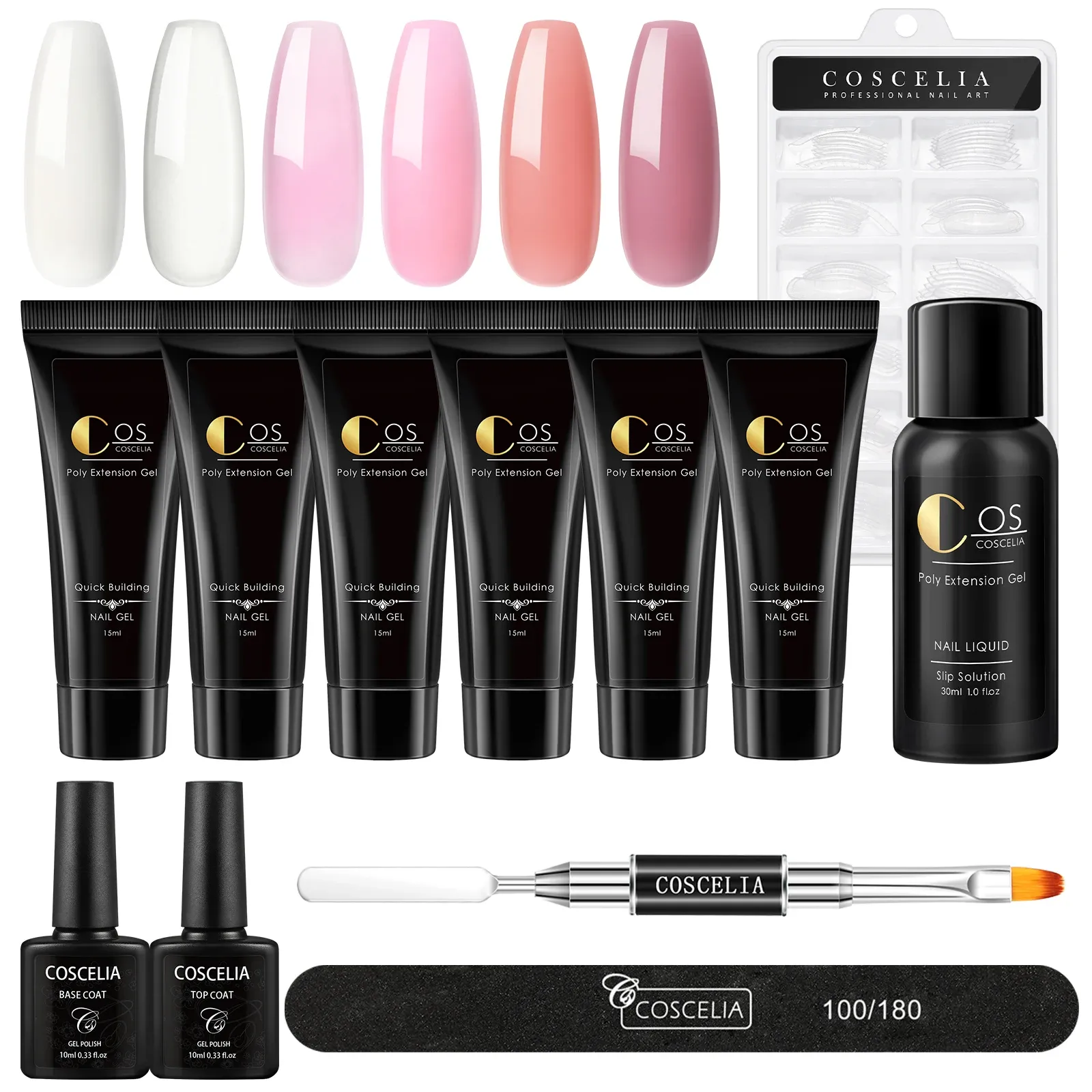 Kits de gel de extensão poli para unhas, luz de cura para unhas, gel de construção rápida com solução deslizante, pontas de unhas falsas, ferramentas de decoração de manicure