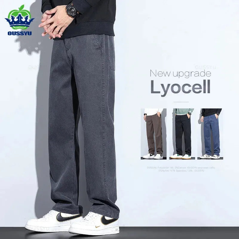 Autumn Winter Upgraded Lyocell Fabric Pants Män Loose Straight Elastic midja Tjock Casual Wide Trousers Manlig stor storlek 5xl 240319