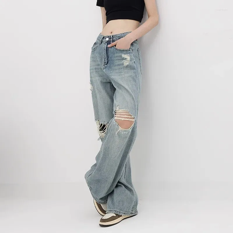 Damesjeans WCFCX STUDIO Hoge taille Street chic Ripped Y2k Baggy Vintage blauwe mode Casual broek Koreaanse moeder