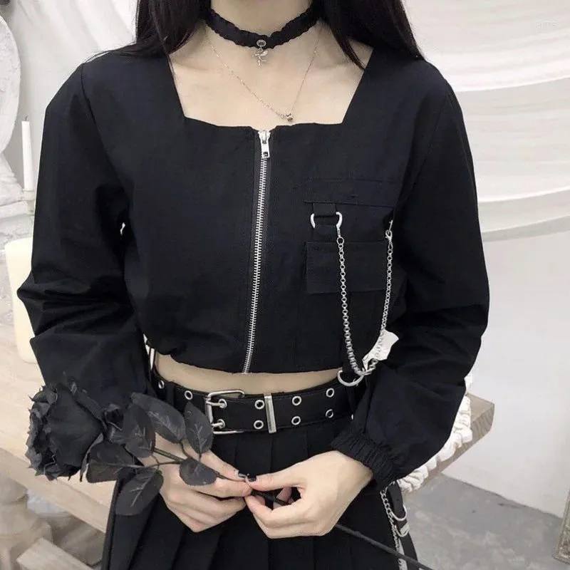 Blusas femininas escuro goth moda feminina camisa de manga longa gola quadrada zíper retalhos estilo gótico senhoras blusa para início da primavera 2024