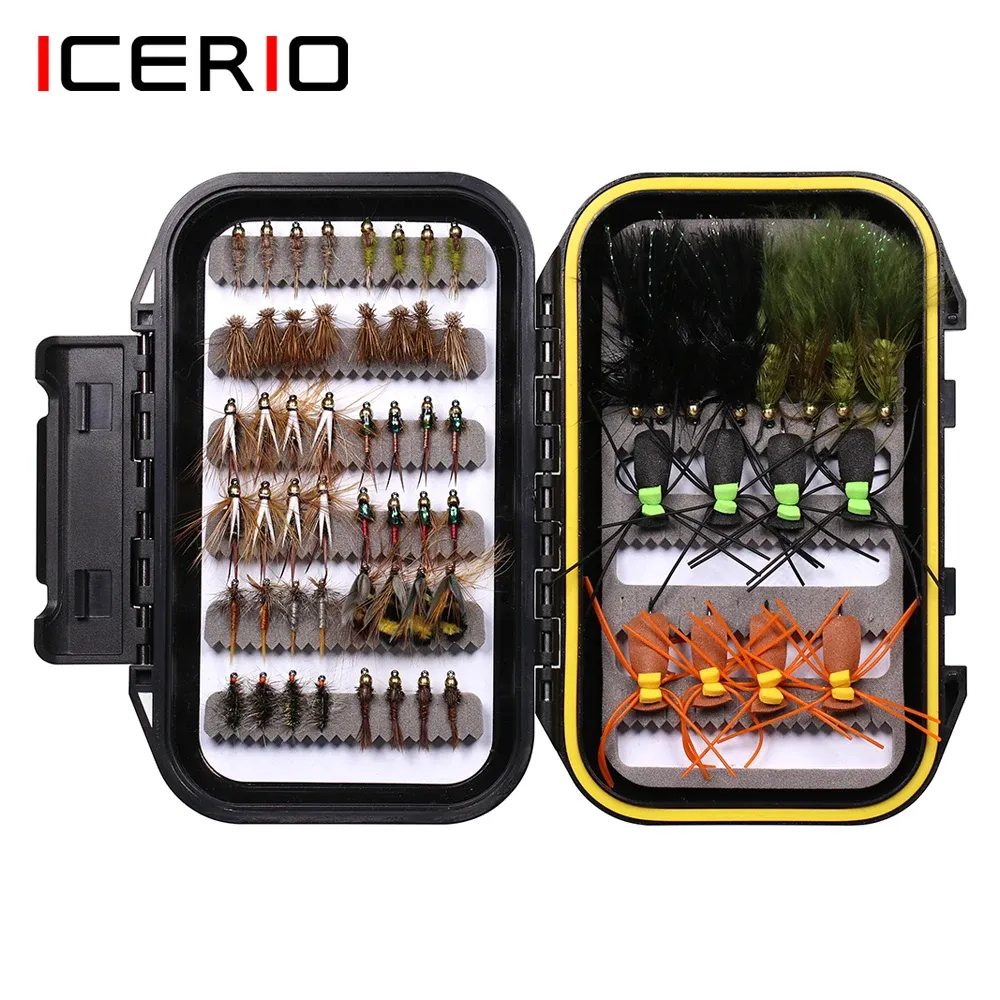Lures ICERIO 64PCS Fly Fishing Lures Dry/Wet Flies,Streamer, Nymph Fishing Fly Starter Set with Waterproof Fly Box for Trout Fishing