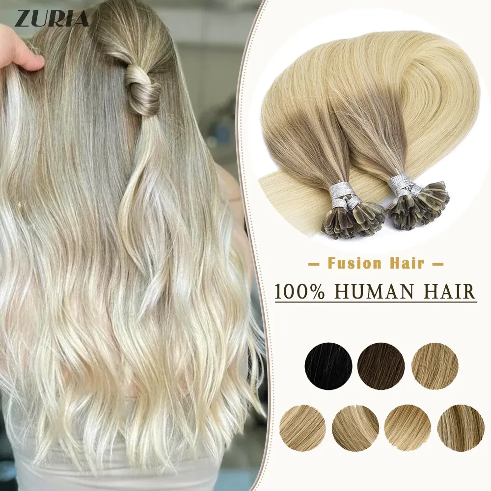 Extensions ZURIA Glattes Haar U-Nagelspitze Echthaarverlängerungen Vorgebundene Fusion-Haarkapseln Maschine Remy Keratin 12"14"16"20"24" 50g/s