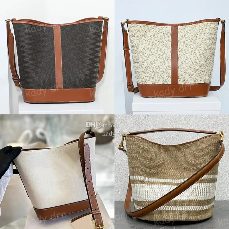 Borsa a secchiello di design Triomphe a righe in tela marrone in pelle da donna Cuir naturale marrone chiaro borse a tracolla a tracolla di lusso a tracolla