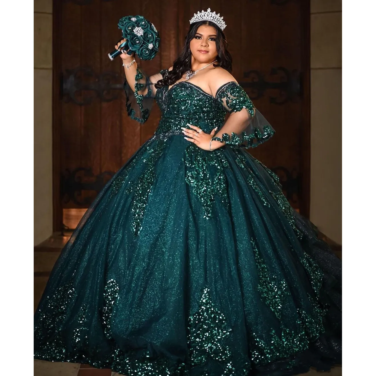 Vert brillant robe de bal Quinceanera robes 15 fête paillettes Tulle Appliques paillettes formelle mascarade Cendrillon robes d'anniversaire robes De Fiesta