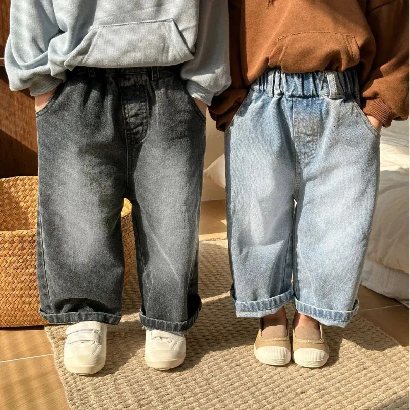 Erkekler bahar moda kot pantolon çocukları gevşek ayak bileği uzunluğu gündelik geniş bacak bloomer çocuklar allmatch sonbahar denim pantolon 06y 240318