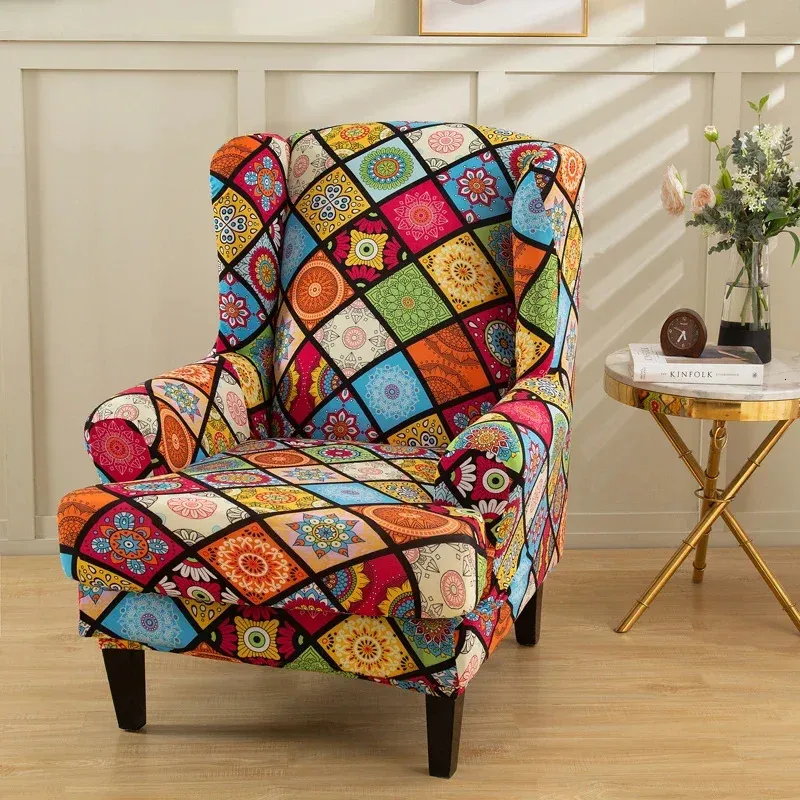 Stretch Print Wing Chair Cover Spandex Elastic Armchair Covers Europe Wingback Relax Sofa Slipcovers with Seat Cushion 240314