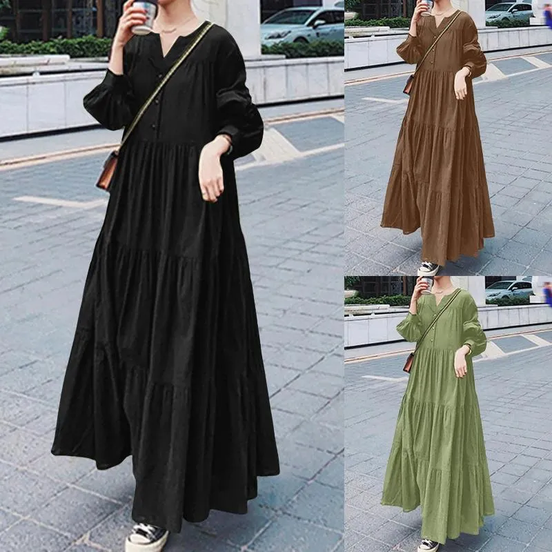 Vestidos casuales Vestido maxi de algodón de verano Manga larga Cuello en V Botones sólidos con volantes Ajuste suelto Dobladillo grande Swing para mujer