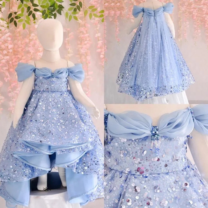 Mädchen Kleider 2024 Blaue Blume Für Hochzeit Pailletten Rüschen Glitter Perlen Puffy Mit Schals Luxus Kinder Geburtstag Party Kleider