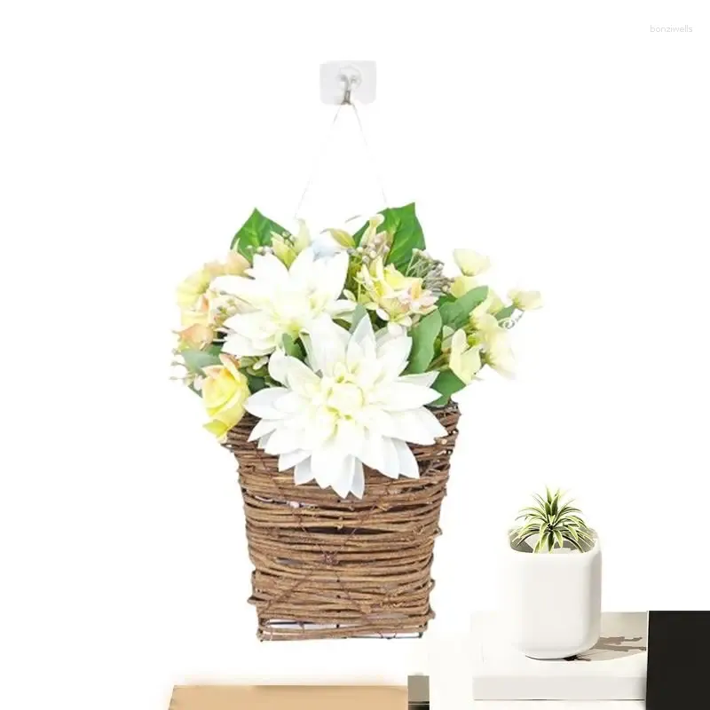 Fleurs décoratives Printemps Porte Couronne Panier Floral Bienvenue Artificielle Marguerite Couronnes Décoration Pour La Maison Porche Ferme Décor Intérieur