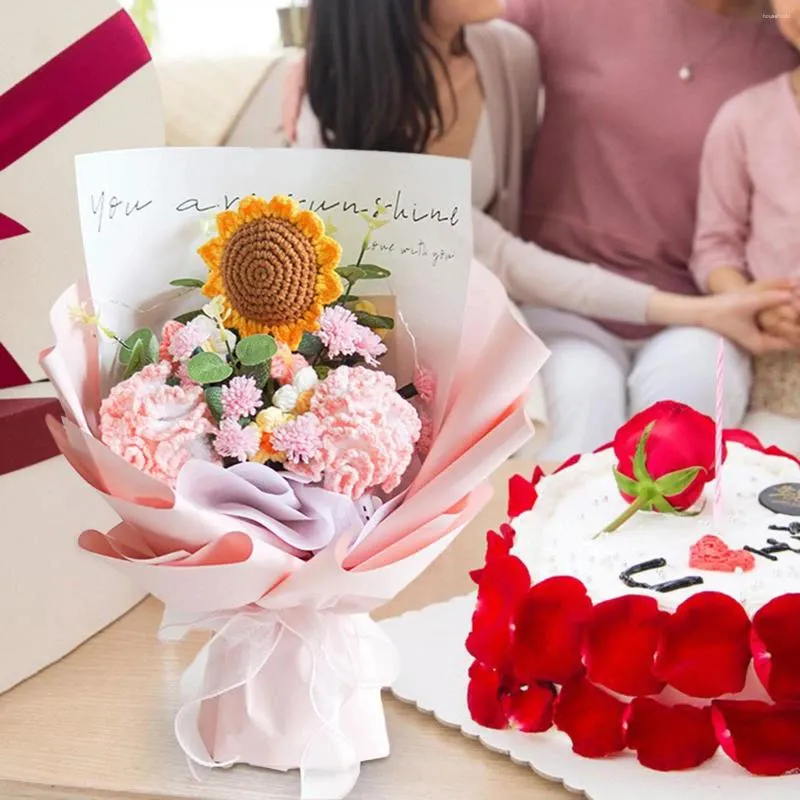 Fleurs décoratives tricotées artificielles au Crochet, Bouquet de fleurs, Faux cadeau, ornement pour la fête des mères, déjà fait pour le Festival de la petite amie