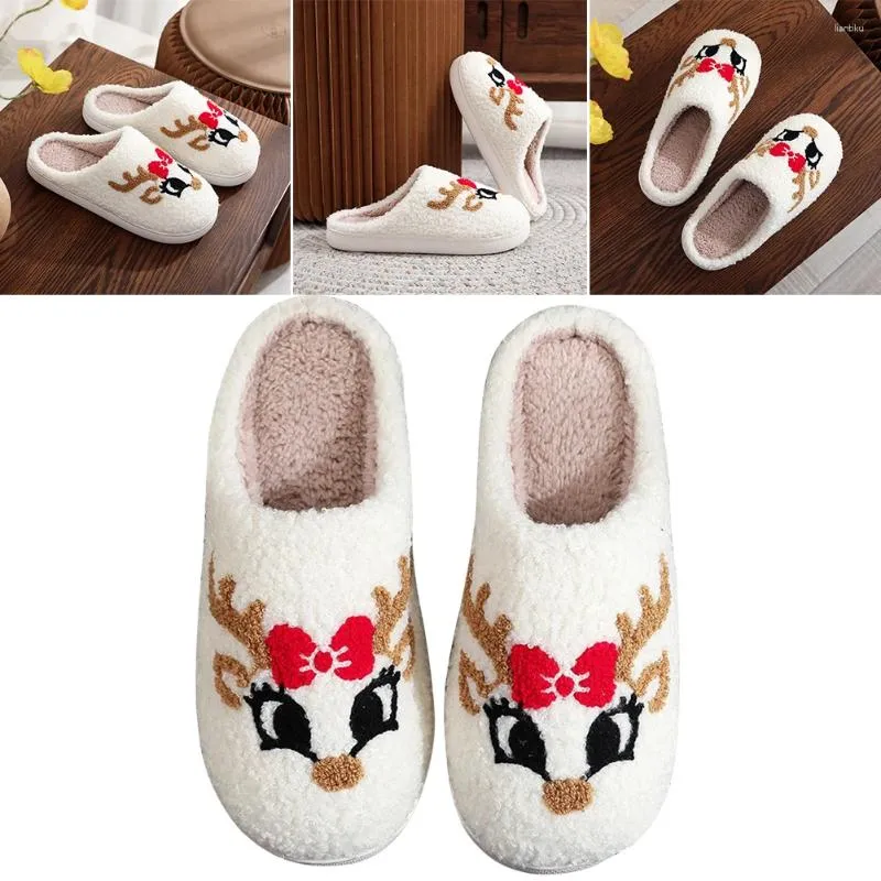 Walking Shoes Reindeer Fuzzy Indoor Slippers Flat Plush Closed Toe Cute Slip-on House With Red Bow Household Supplies