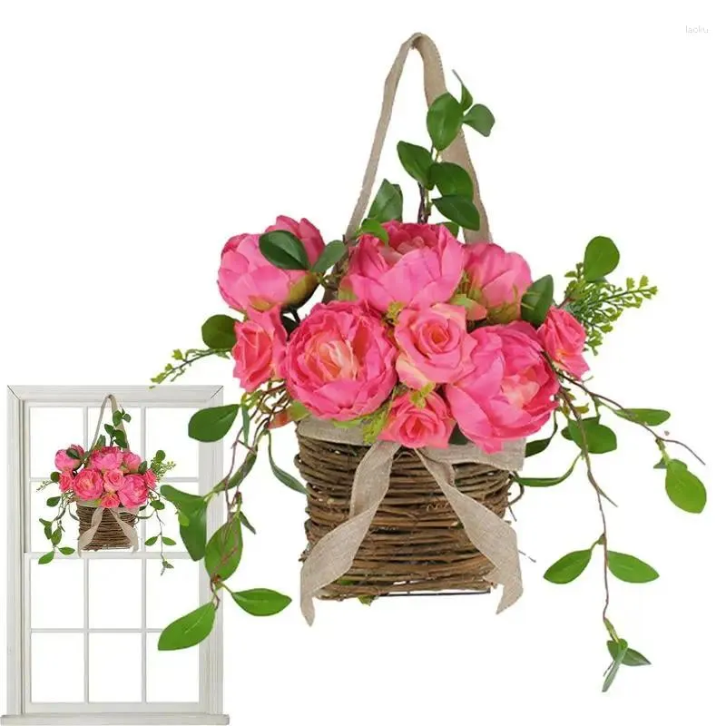 Dekoracyjne kwiaty wieniec kwiatowy do drzwi przednie girlandy różowy koszyk wiejski dom witają wiosenne festiwal ozdoby sztuczne kwiatowe