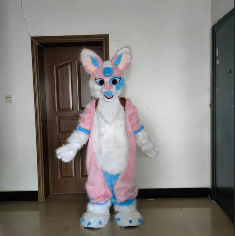 2024 super bonito comprimento pele rosa husky raposa mascote traje tema fantasia vestido de natal traje de halloween mascote traje