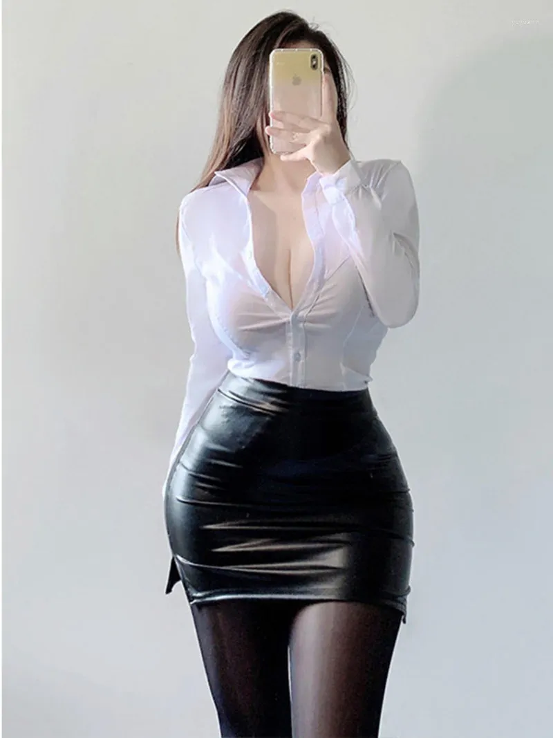 Work Dresses White Office Shirt Lady Skirts Set Secretary Sexy Spicy Long Sleeved Leather Two Piece Skirt Fashion Womne S476