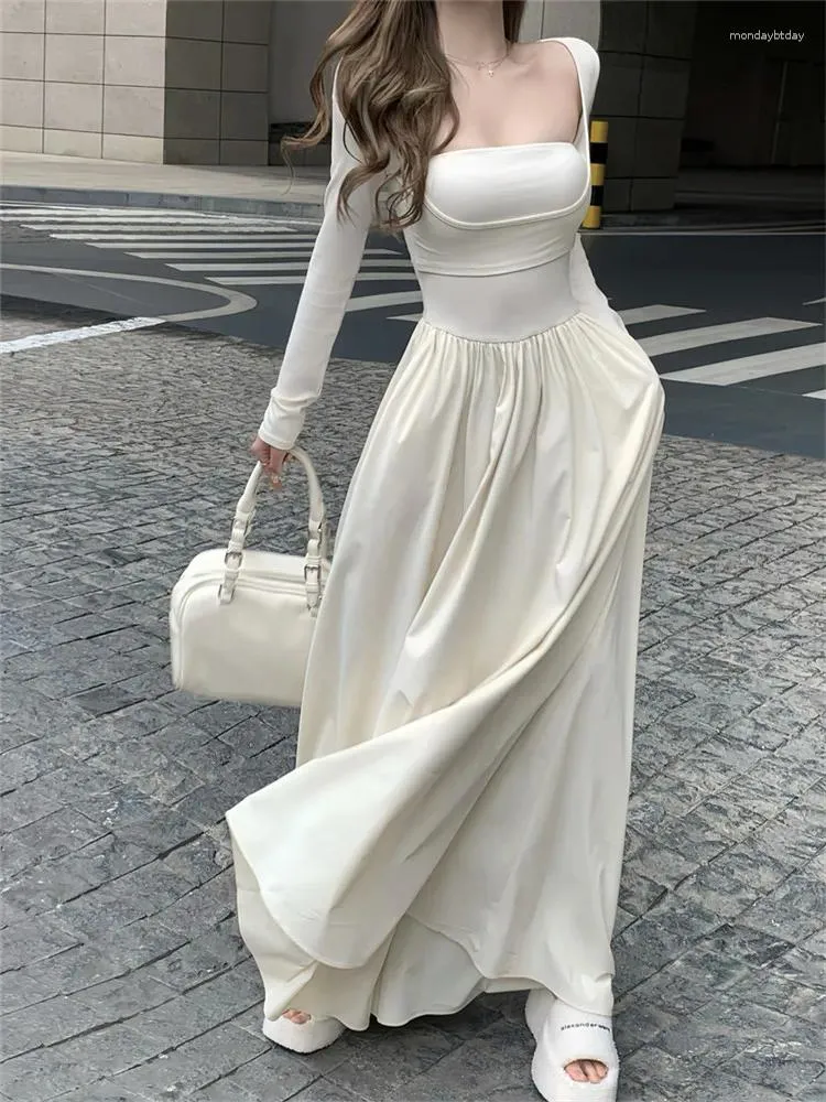 Casual Dresses Vintage Ballet Fashion Square Collar Long Dress 2024 Spring Sleeve Black Beige Holiday Slim Waist A Line Skirt