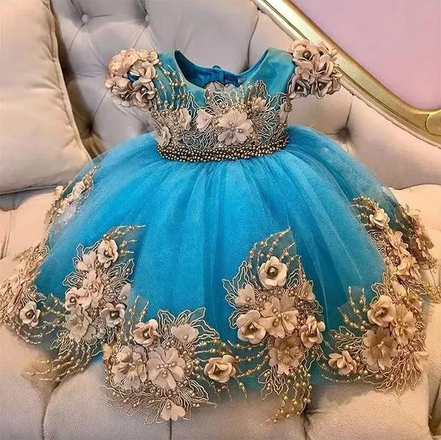 3D Floral Appliques Blue Little Flower Girls Dresses For Wedding Party Short Sleeve Pearls Beaded Kids First Communion Gowns Knee Length Toddler Christening Dress