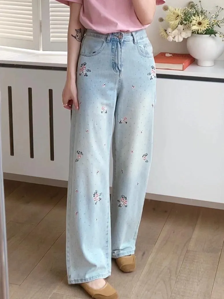 Женские джинсы с цветочной вышивкой, женские винтажные классические джинсовые брюки с высокой талией, уличная одежда, весна-лето 2024