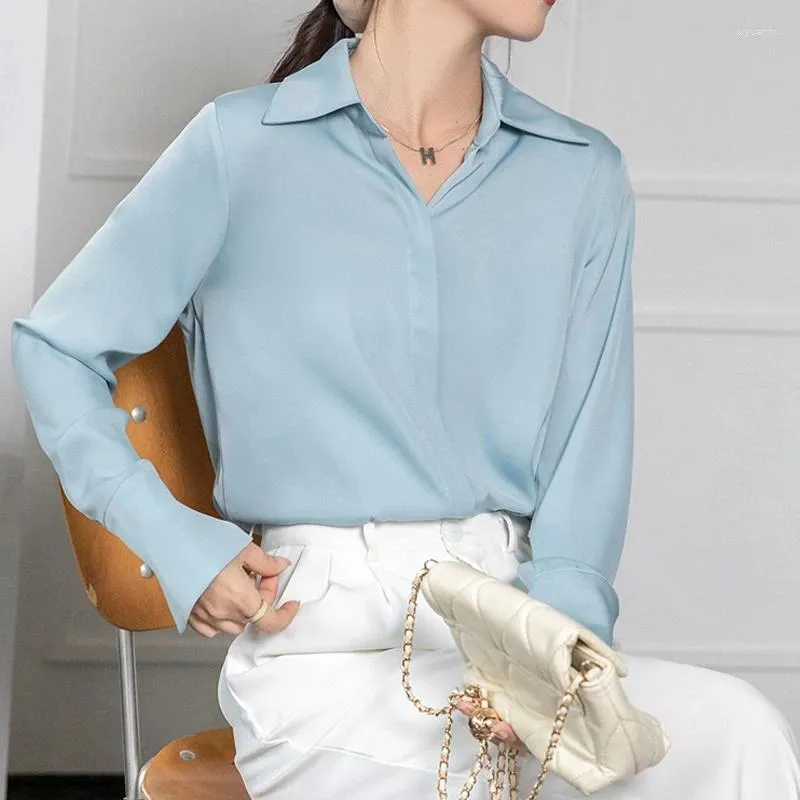 Women's Blouses Elegant Turn Down Collar Office Lady Tops Casual Simple Long Sleeve Loose White Shirt Fashion Satin Blouse Women Blusas