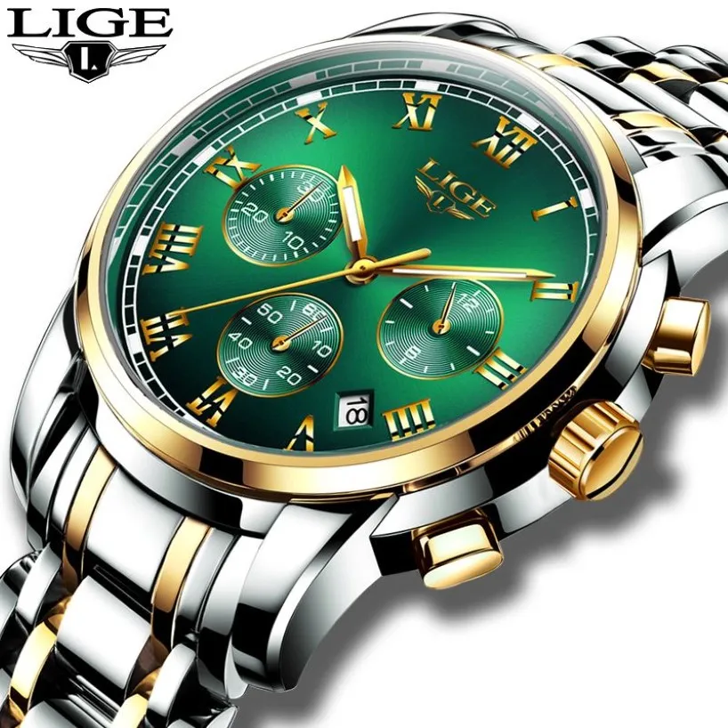 Montres Hommes 2019 LIGE Top Marque De Luxe Vert Mode Chronographe Mâle Sport Étanche Tout En Acier Quartz Horloge Relogio Masculino C3316