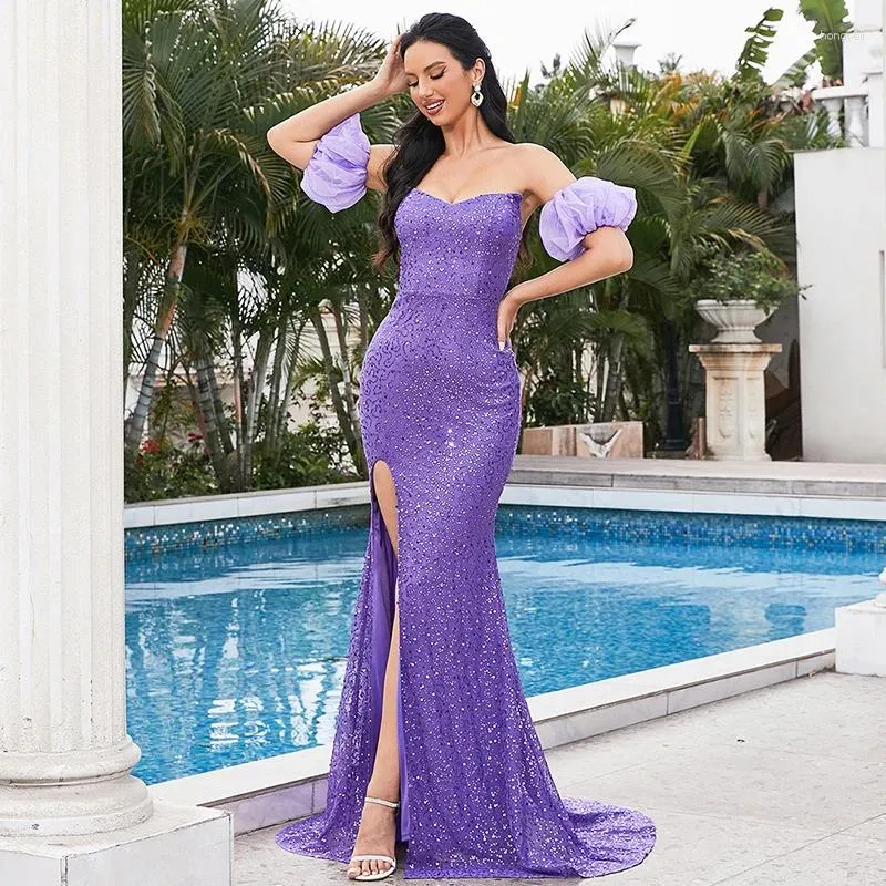 Vestidos casuais elegante sexy roxo lantejoulas festa mulheres verão 2024 backless split strapless cocktail baile noite sereia vestido longo