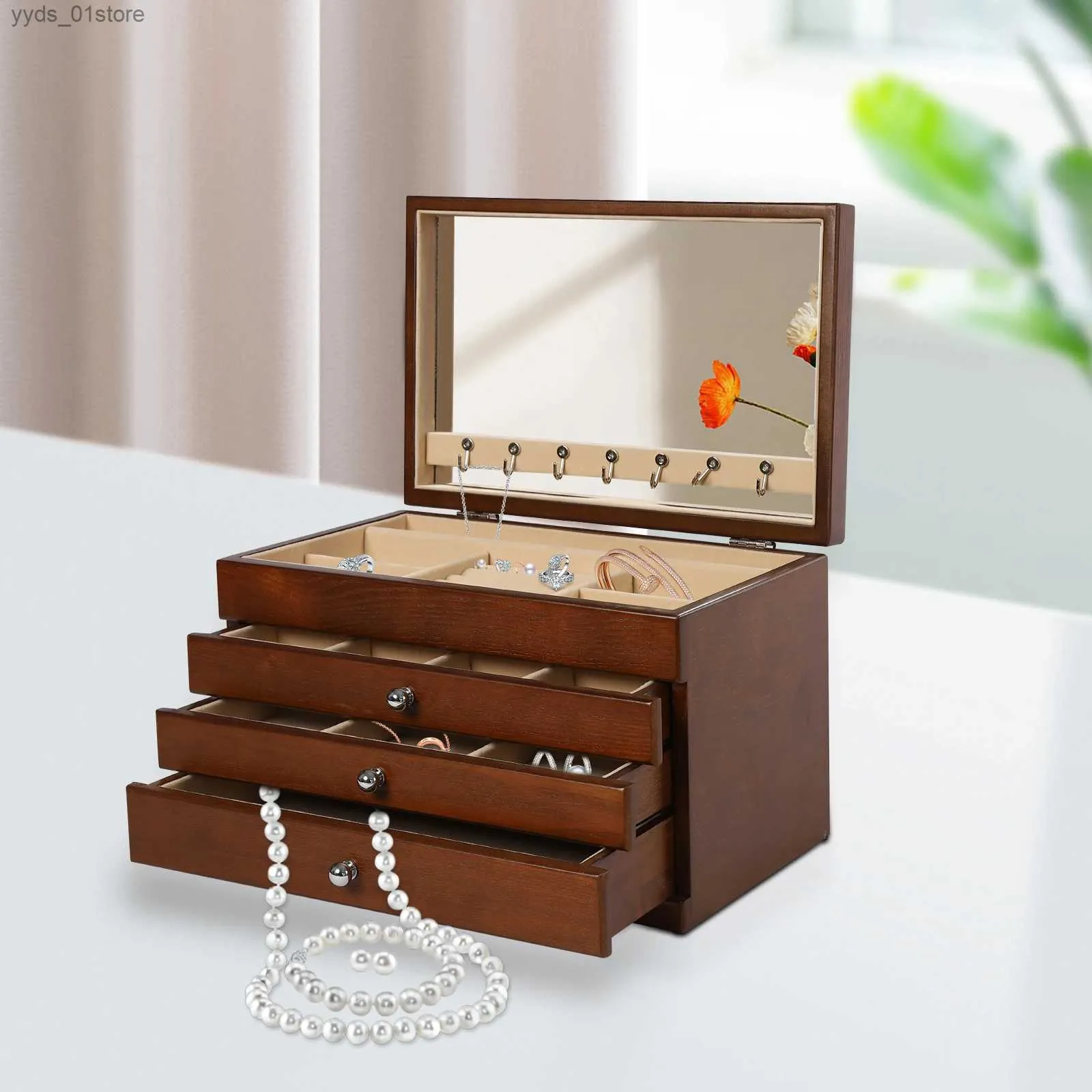 Cajas de joyería Caja de madera de 4 niveles con espejo Forro de terciopelo Estuche elegante Caja de almacenamiento de joyería de madera de gran capacidad L240323