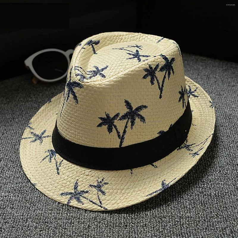 Ampla borda chapéus pai criança adulto praia vento viagem árvore impressão papel palha jazz chapéu seaside sun print