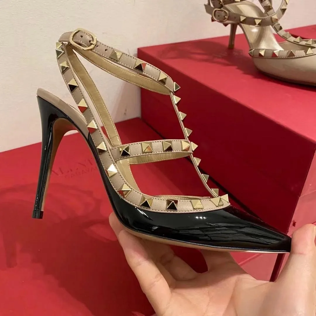 Designer women's high heel sandals rivet pointed toe summer designer classic brand black gold matte leather wedding shoes 34-44