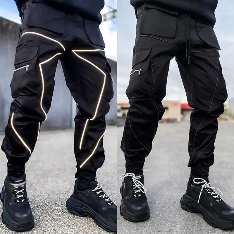Calças masculinas homens casual preto carga ginásio solto plus size listrado multi bolso esportes fitness hip hop jogger calças pantalones hombre