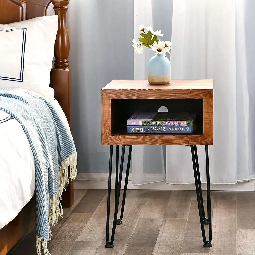 WELLAND Solid Pine Bedside Side Table, Coffee Table with Metal Legs, 15.5 Long 13.5 Wide X 22 Inches High