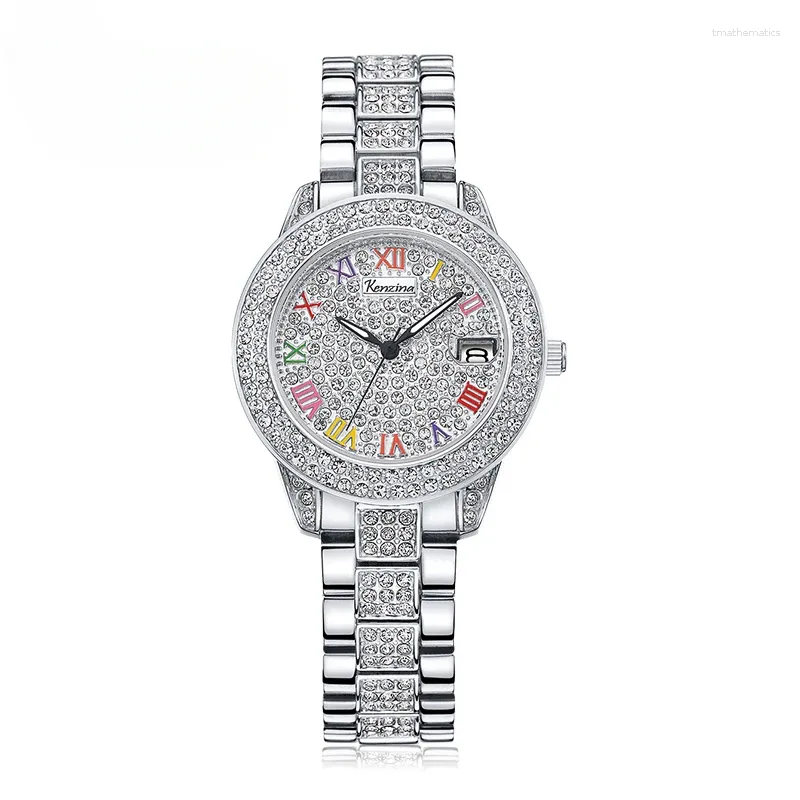 Hand med armband över hela Sky Watch Female Dial Dial Full Rhinestone Fashion Luxury Waterproof Strap Calender.