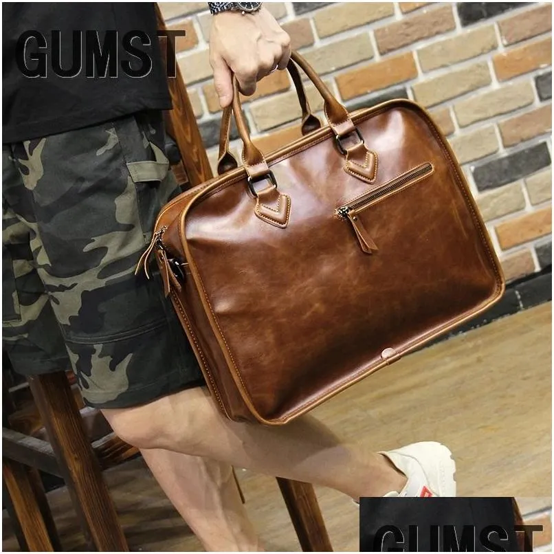 Sac à dos pour ordinateur portable Gumst Marque Crazy Horse Pu Cuir Hommes Porte-documents Vintage 14 pouces Sac à main d'affaires Mode Messenger Shoder Sac M Ot17X