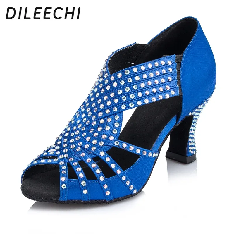أحذية ديليشي الأزرق الساتان وحشي أحذية الرقص اللاتيني للسيدات