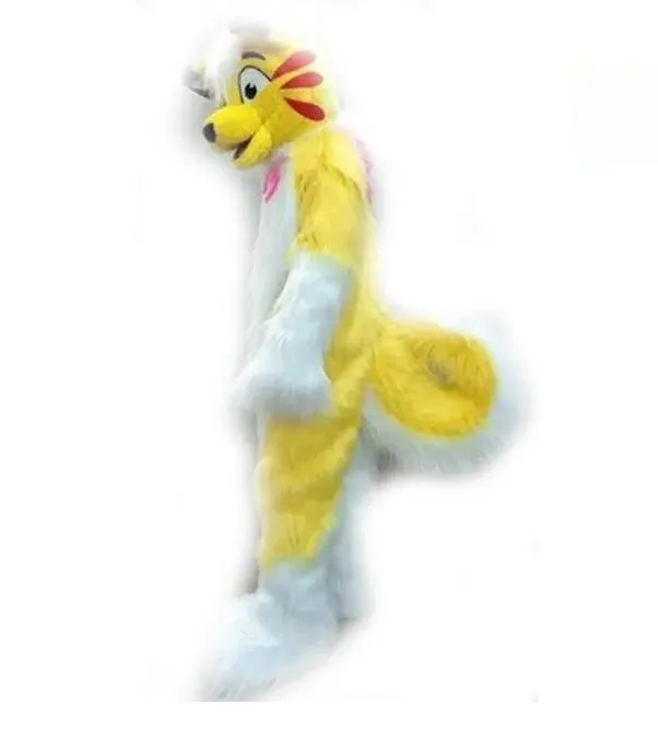 Yellow Long Fur Husky Mascot Costume Cartoon Theme personage Carnival Festival Fancy Dress Kerstmis volwassenen Verjaardagsfeestje Outdoor Outfit