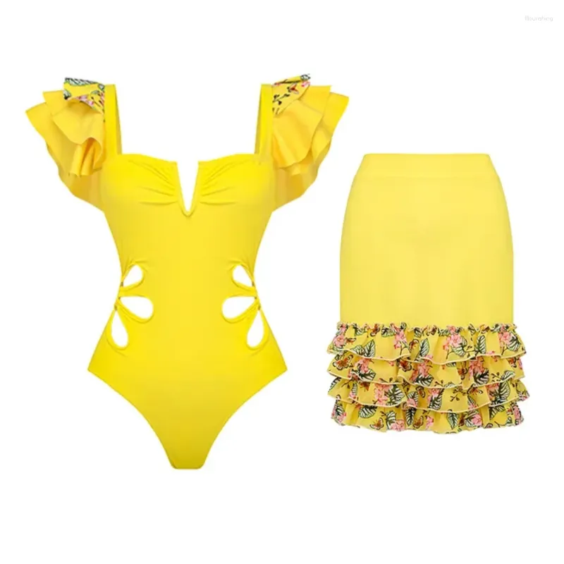 Costume da bagno da donna Costume intero con abito da spiaggia Jupe Costume da bagno firmato bikini di lusso Beache Sarong in giallo