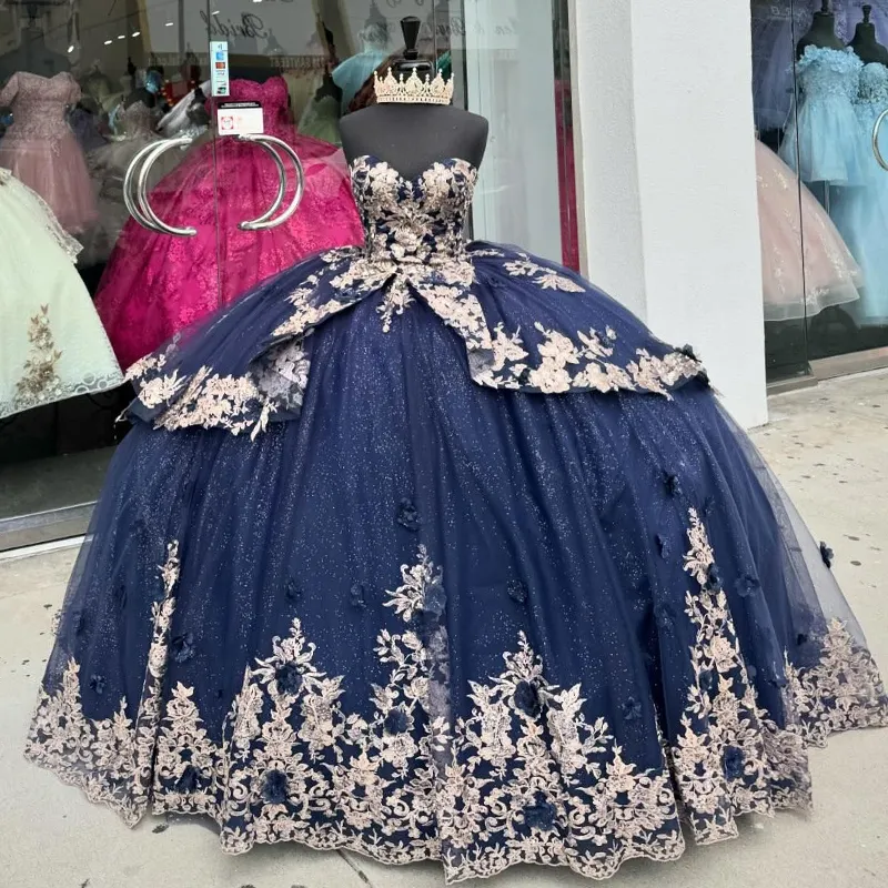 Granatowe lśniące aplikacje księżniczki koronkowe koraliki sukienka Quinceanera na 16 zamiatanie pociągu z ramion florals gorset vestidos 15 de