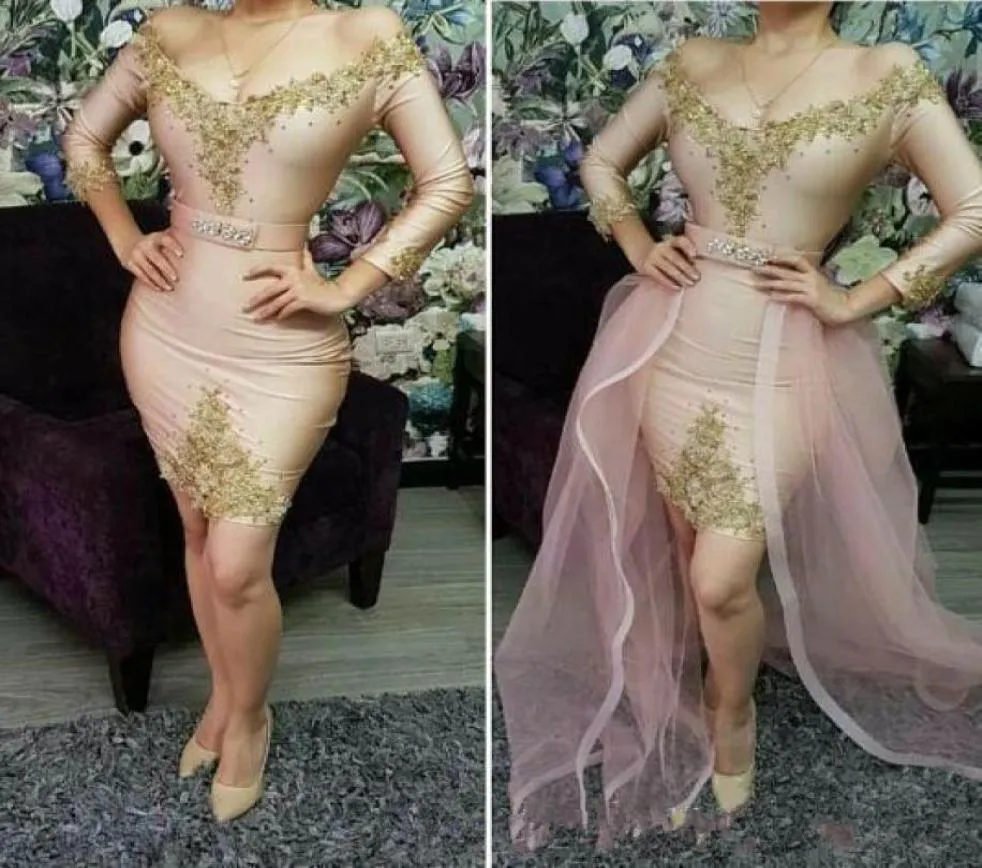 2019 robes de bal courtes sexy avec train détachable col en V appliques manches longues en dentelle appliques robes de soirée cocktail4637151