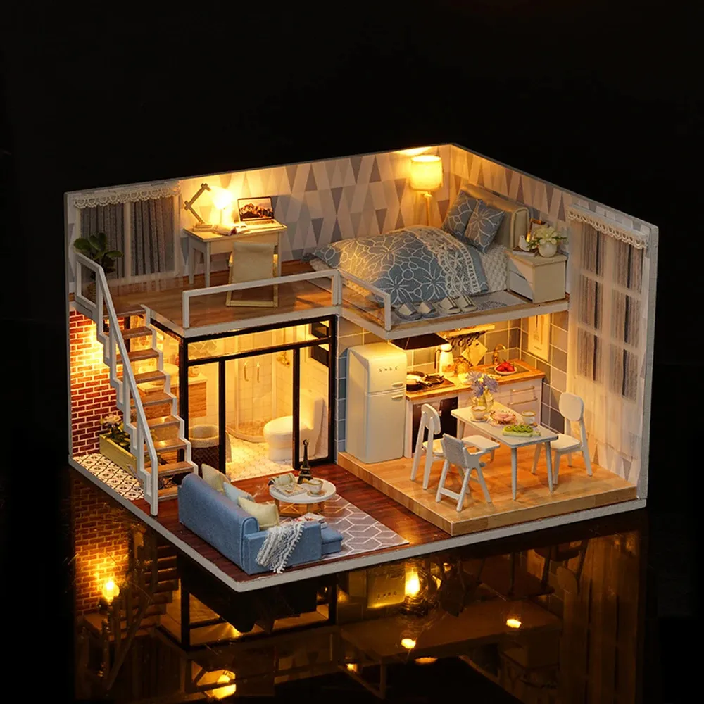 DIY Miniature Loft Dollhouse Kit LED Mini 3D Drewniane dekoracje domowe Akcesoria Pokój ręcznie robiony zabawki Walentynki Prezent Bożego Narodzenia 240314