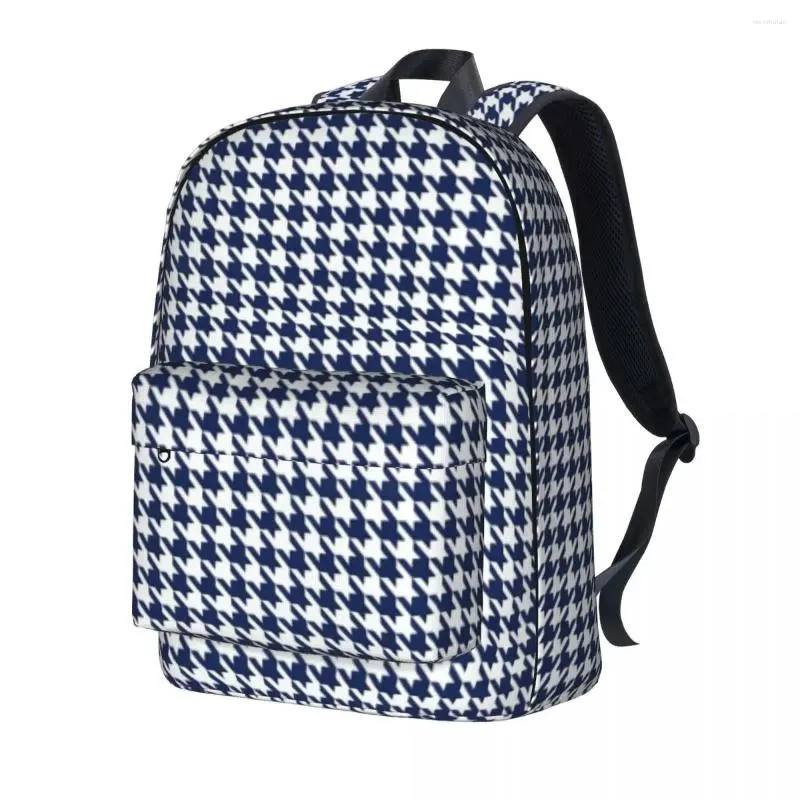 Mochila Houndstooth Azul Marinho Branco Mochilas de Viagem Homens Streetwear Sacos Escolares Design Durável Mochila