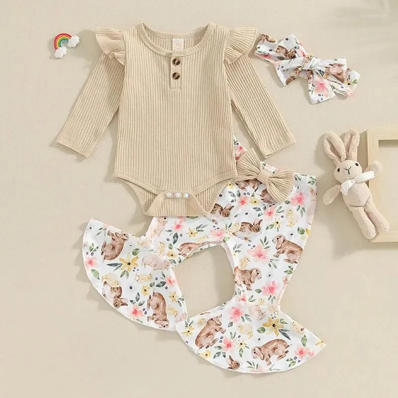 Kledingsets baby babymeisje Pasen 3 stks outfit massief geribbelde Romper met lange mouwen met bloemenprint flare broek en hoofdband