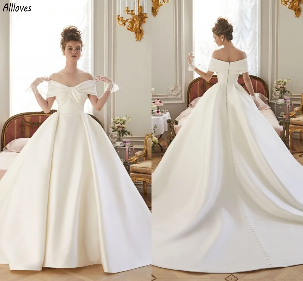 Chic off Off Princess Ball suknie ślubne Suknie ślubne Proste eleganckie satynowe tylne guziki Bride Suknie Recepcja Sweet Train Women Bridal Sukienki de Mariee Cl3408