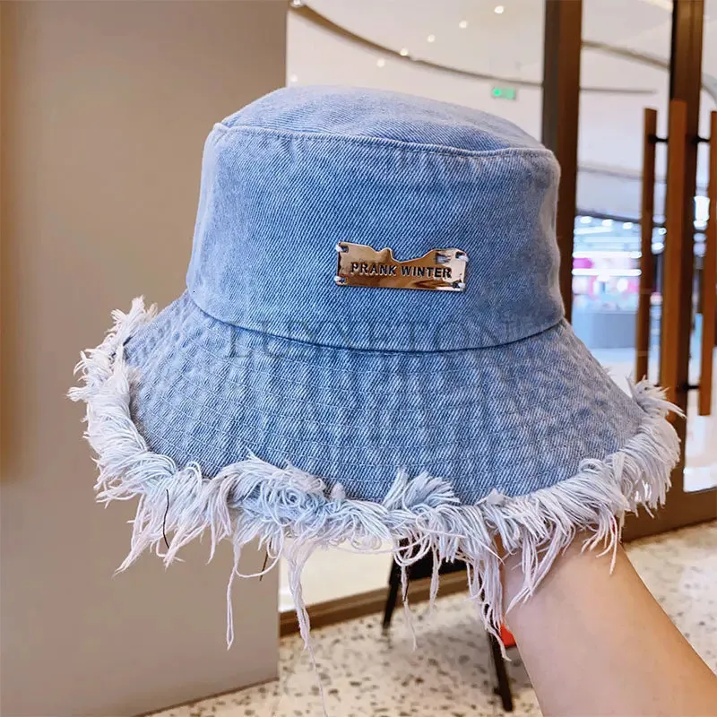 Summer Unisex Tassel Umyjane jeńcowe czapki wiadra moda dla kobiet szerokie grzbiet składana czapka panama na zewnątrz fishermans kapelusz 240311