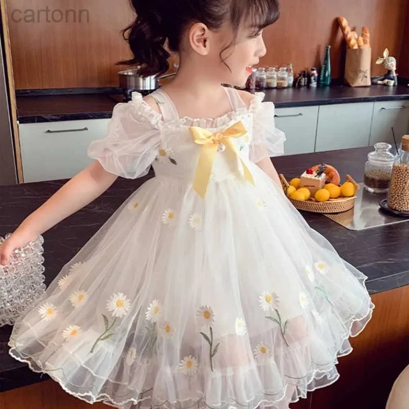 Flickans klänningar flickor festklänning sommar elegant prinsessa klänning söt daisy båt hals naken axel klänning 2-9 år gammal barns födelsedagsfest klänning 24323