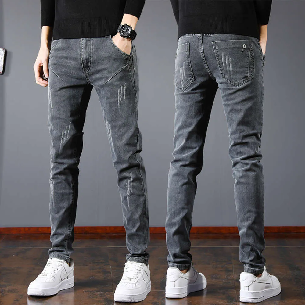 Jeans Casual lente en herfst Smoke Ash elastische Koreaanse slim-fit broek met kleine pijpen, geen ijzer Xintang herenkleding