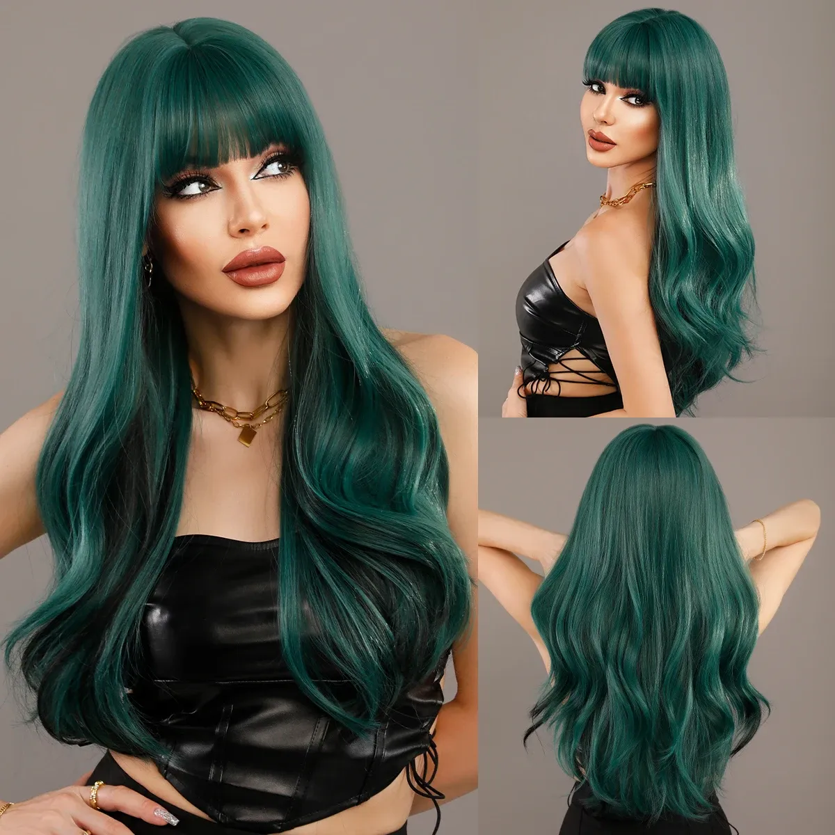 Parrucche NAMM Parrucca verde ondulata lunga color lavanda per donna Parrucca sintetica per capelli lunghi per cosplay quotidiana con frangia soffice Fibra resistente al calore