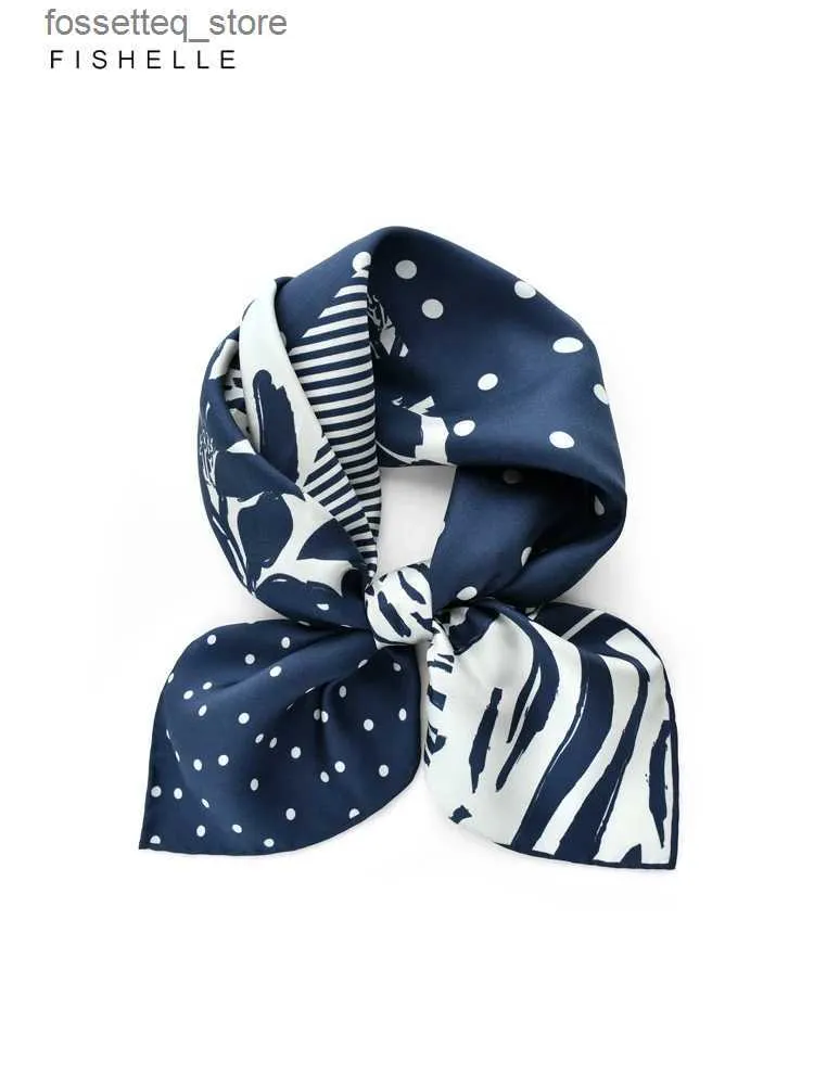 Handkerchiefs Deep blue polka dot flower printed natural silk scarves womens spring autumn twill silk hijab real silk scarves handkerchief L240322