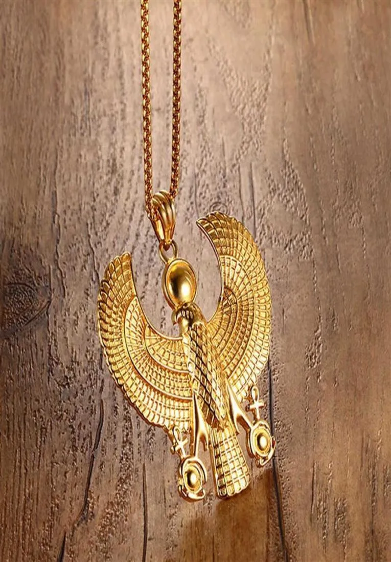 ZORCVENS Men Necklaces Egyptian Horus Bird Falcon Holding Ankh Pendant Gold Color Steel Fashion Hip hop Costume Jewelry G0913226P9557600