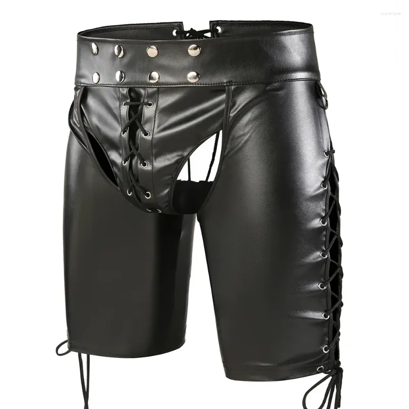 Underpants Men Sexy Faux Leather Shorts Backless Open Crotch Nightclub Wear Fetish Short Pants Gay Male Fashion Bandage Punk Costume