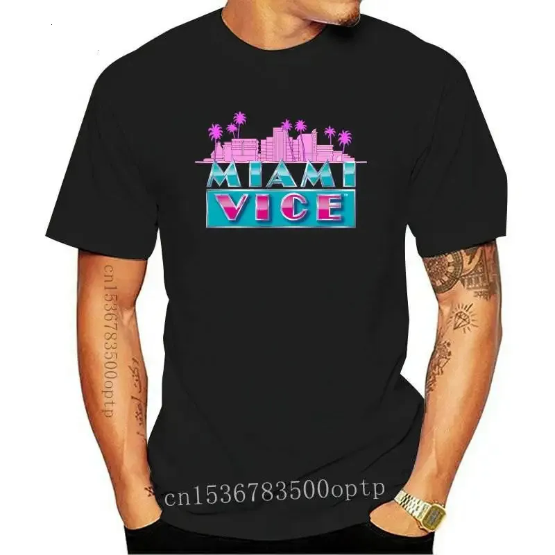 Serie TV classiche di Miami vice Don Johnson Mens Black Tshirt size S a 3xl retrò o top per collo a tee camicia 240318